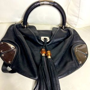Authentic Gucci Black Calfskin Large Indy Top Handle Hobo bag